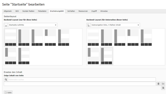 Zeigt die Voreinstellungen für die Startseite und Unterseiten in der Backend-Ansicht