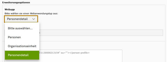 Screenshot des TYPO3 Backends zeigt Auswahl des Webanwendungstyps "Personendetail" in der Kontakte WebApp.