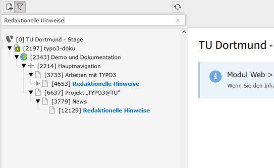 Screenshot des TYPO3-Backends zeigt hervorgehobene Filter-Ergebnisse im Seitenbaum