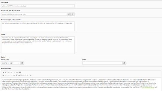 Eingabemaske der News im Backend