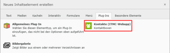 Screenshot vom Einfügen des Kontakte-Plug-Ins.
