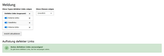 Screenshot des TYPO3 Backends zeigt Ansicht, wenn keine defekten Links vorhanden sind