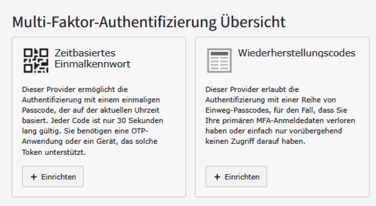 Screenshot: Screenshot: es sind zwei Kacheln zu sehen: Zeitbasiertes Einmalkennwort, Wiederherstellungscodes