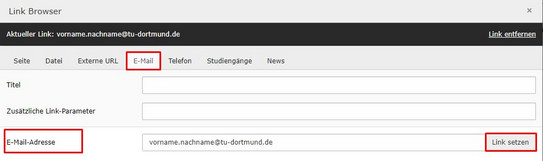 Screenshot auf TYPO3 Backend zeigt Verlinkung einer E-Mail-Adresse.