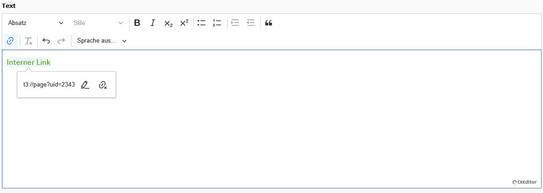 Screenshot des TYPO3 Backends zeigt Kontextmenü bei Bearbeitung eines Links.