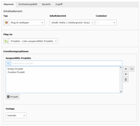 Eingabemaske Liste ausgewählter Projekte Screenshot einer Eingabemaske für das Plugin "Projekte - Liste ausgewählter Projekte"