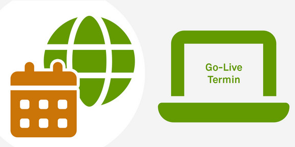 Kalender- und Globus-Icon neben einem aufgeklappten, stilisierten Laptop.