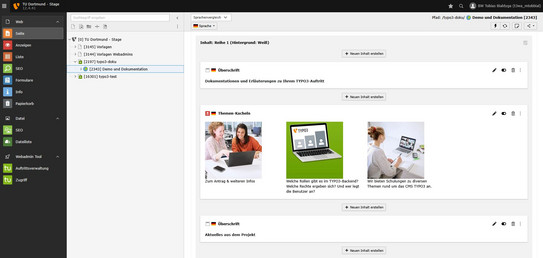 Screenshot of the TYPO3 backend shows an overview of the new backend design.