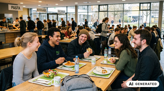 AI generated - Five laughing students sitting together at a wooden table in a busy university cafeteria having lunch.