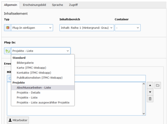 Wechsel des Plugins Screenshot der ausgeklappten Auswahlbox für das Plugin