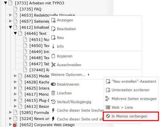 Screenshot des TYPO3-Backends zeigt neuen Eintrag "Im Menü verbergen" im Kontext-Menü des Seitenbaums