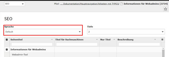 Screenshot des Backends zeigt markiertes Dropdown-Menü zur Auswahl der Sprache im SEO-Modul