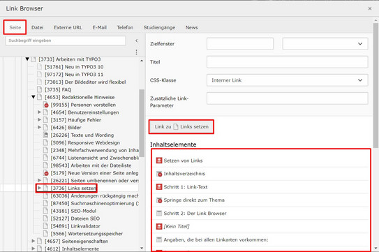 Screenshot des TYPO3-Backends zeigt Setzen eines internen Links im Link Browser.