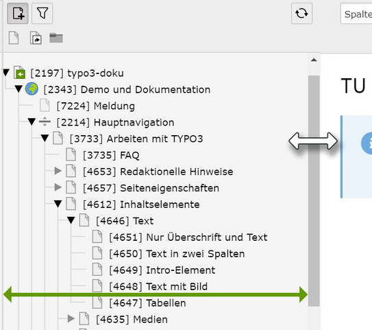 Screenshot des TYPO3 Backends, der den Seitenbaum zeigt. Der Mauszeiger ist auf dem Übergang zwischen Seitenbaum und Arbeitsbereich positioniert. Eine horizontale, grüne Linie mit einem Pfeil an beiden Enden am unteren Rand des Bildes verdeutlicht die flexible Anpassung der Breite des Seitenbaums.