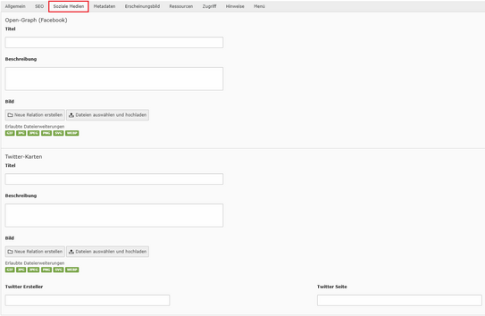 Screenshot der Soziale Medien Seiteneigenschaften