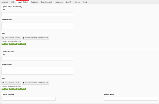 Soziale Medien Seiteneigenschaften Screenshot der Soziale Medien Seiteneigenschaften