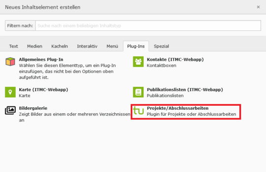 Plugin Auswahl Screenshot der Plugin Auswahl