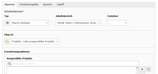 Plugin Liste ausgewählter Projekte Screenshot der Eingabemaske für das Plugin "Projekte - Liste ausgewählter Projekte"