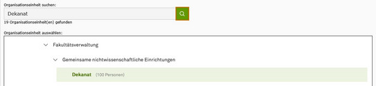 Screenshot des TYPO3 Backends zeigt das Suchen nach einer Organisationseinheit.