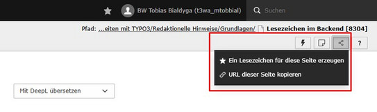 Lesezeichen erzeugen Screenshot zeigt Erzeugung eines Lesezeichens im Backend.