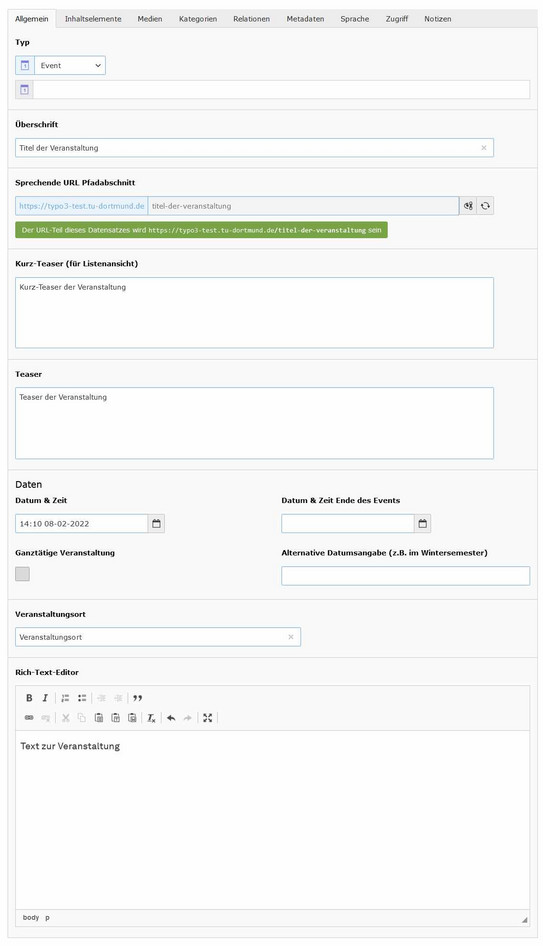 Reiter "Allgemein" Screenshot des TYPO3 Backends zeigt Konfiguration einer Veranstaltung im Reiter "Allgemein"