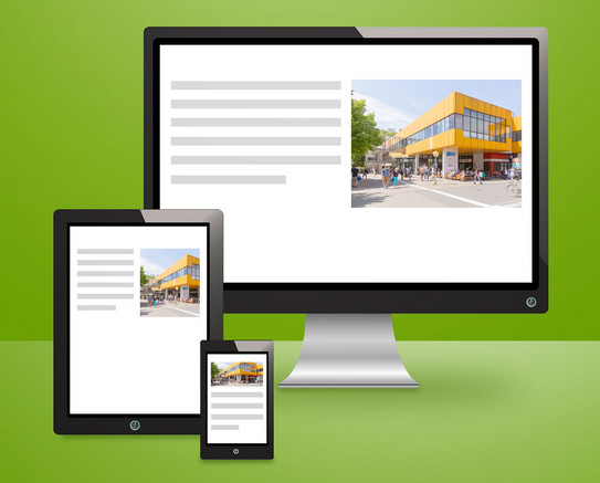 Bildretusche zeigt drei Geräte - Desktop-PC, Tablet und Mobiltelefon - vor grünem Hintergrund. Die Geräte zeigen jeweils einen anderen Bildausschnitt für das gewählte Bildmotiv.