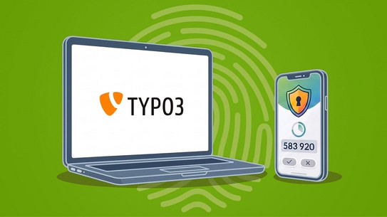 Ein Laptop mit dem TYPO3-Logo und ein Smartphone mit einem Bestätigungscode illustrieren die Zwei-Faktor-Authentifizierung vor einem Fingerabdruck-Hintergrund.