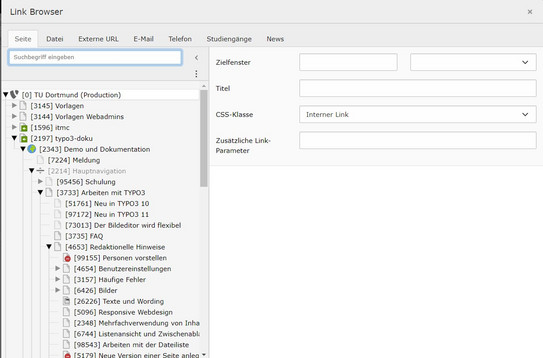 Screenshot des TYPO3 Backends zeigt den Link Browser.