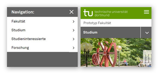 Screenshot der mobilen Haupt- und Unternavigation - zeigt korrekte Darstellung