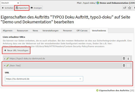 Screenshot des TYPO3 Backends - zeigt das hinzufügen einer neuen URL zu Liste der erlaubten URLs für iFrames