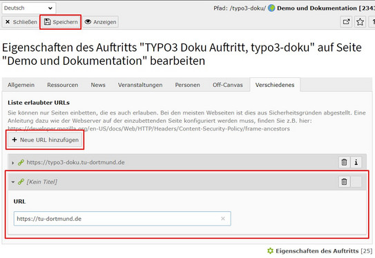iFrame - neue URL hinzufügen Screenshot des TYPO3 Backends - zeigt das hinzufügen einer neuen URL zu Liste der erlaubten URLs für iFrames