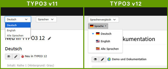 Gegenüberstellung des Sprachumschalters in TYPO3 v11 und TYPO3 v12.