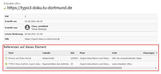 iFrames - Referenzen prüfen vor dem Löschen einer URL Screenshot des TYPO3 Backends - zeigt die Tabelle zum überprüfen der Referenzen, bevor eine URL gelöscht werden kann