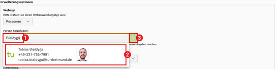 Screenshot of the TYPO3 backend, showing the three steps for searching for and adding a person.