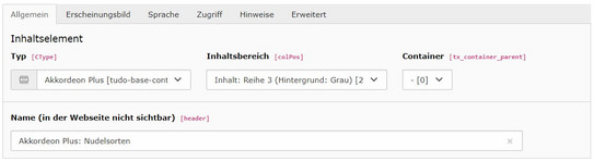 Screenshot des TYPO3 Backends zeigt ausgefülltes Feld Akkordeon Plus: Feld "Name (in der Webseite nicht sichtbar)"