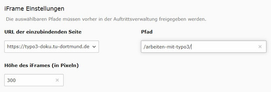 iFrame - sachgemäße Konfiguration Screenshot des TYPO3 Backends zeigt sachgemäße Konfiguration des Inhaltselements iFrame