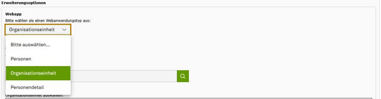 Screenshot des TYPO3 Backends zeigt Auswahl des Webanwendungstyps "Organisationseinheit".
