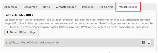iFrames - Liste der erlaubten URLs Screenshot des TYPO3 Backends - zeigt Liste der erlaubten URLs für iFrames in der Auftrittsverwaltung