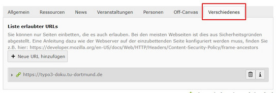 Screenshot des TYPO3 Backends - zeigt Liste der erlaubten URLs für iFrames in der Auftrittsverwaltung