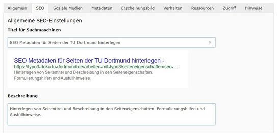 Screenshot des TYPO3-Backends zeigt Hinterlegen von Seitentitel und Beschreibung in den Seiteneigenschaften.