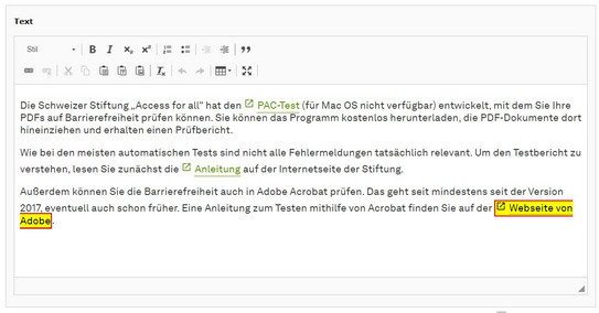 Highlighting broken links Screenshot of the TYPO3 backend showing how broken links are highlighted in the Rich Text Editor