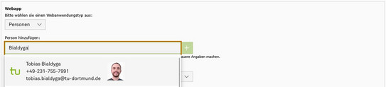 Screenshot des TYPO3 Backends zeigt Personenauswahl mit TU-Icon im Kontakte Plug-In.