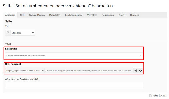 Seiteneigenschaften mit Seitentitel und URL-Segment Screenshot des TYPO3-Backends zeigt Seiteneigenschaften mit Eingabefeldern "Seitentitel" und "URL-Segment"