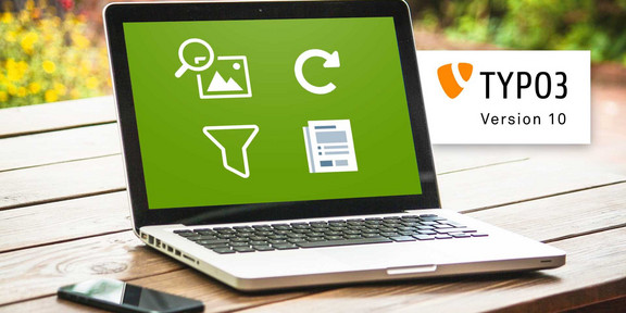 Bild von Laptop auf einem Tisch. Das Display zeigt vier Symbole von TYPO3 Modulen. Rechts neben dem Laptop ist das TYPO3 Logo eingebunden.