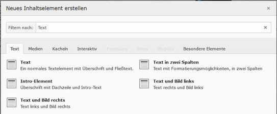 Screenshot des TYPO3-Backends zeigt neue Filterfunktion beim Einfügen von Inhaltselementen