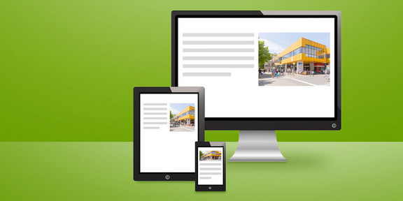 Der Bildeditor wird flexibel Banner zeigt drei Geräteklasse - Desktop-PCs, Tablets und Mobiltelefone - mit jeweils unterschiedlichen Bildausschnitten.