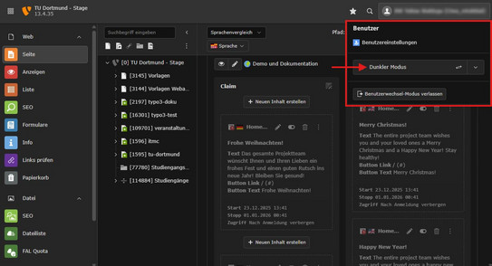 Screenshot TYPO3 13 Backend im Darkmode. Untermenü Benutzer aufgeklappt. Option zur Aktivierung des Darkmode hervorgehoben.