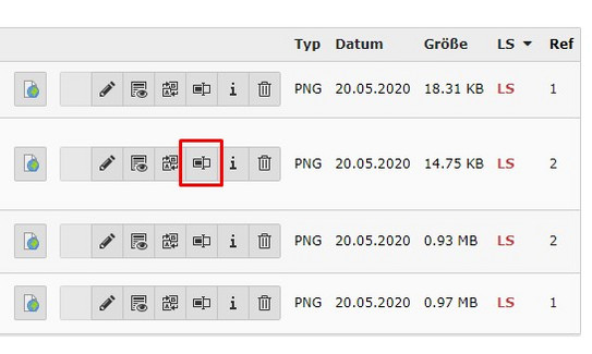 Bilder umbenennen Screenshot des TYPO3-Backends zeigt Umbenennen von von Bildern.