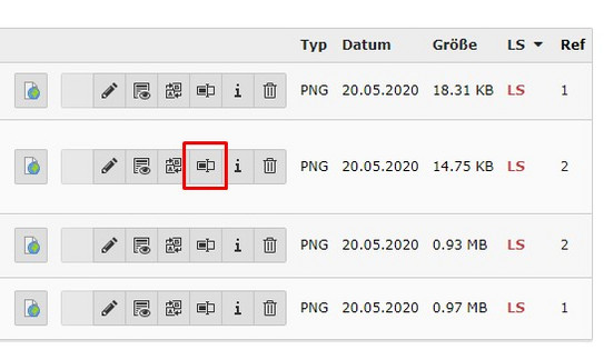 Screenshot des TYPO3-Backends zeigt Umbenennen von von Bildern.