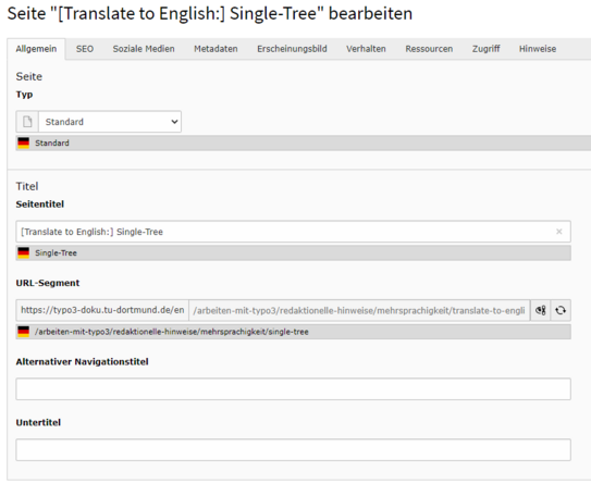 Seiteneigenschaften Single-Tree Screenshot